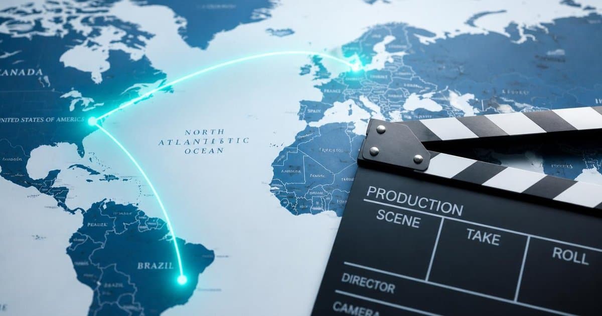 Film co-production partners reviewing footage and contracts across borders
