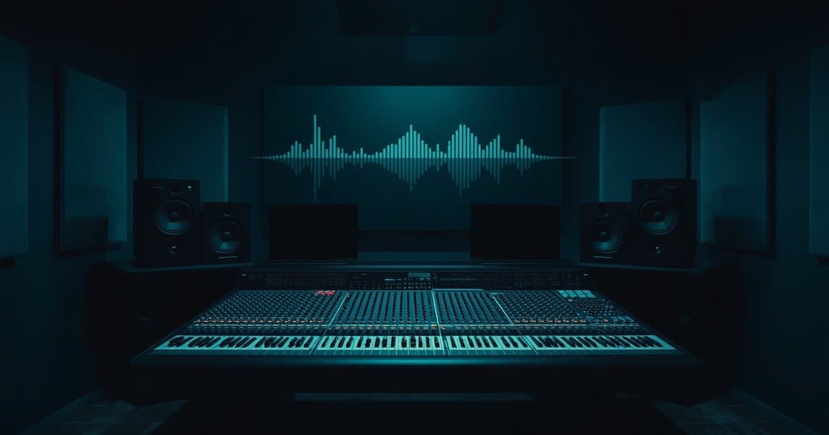 Music studio mixing console with masters and stems documented on-chain