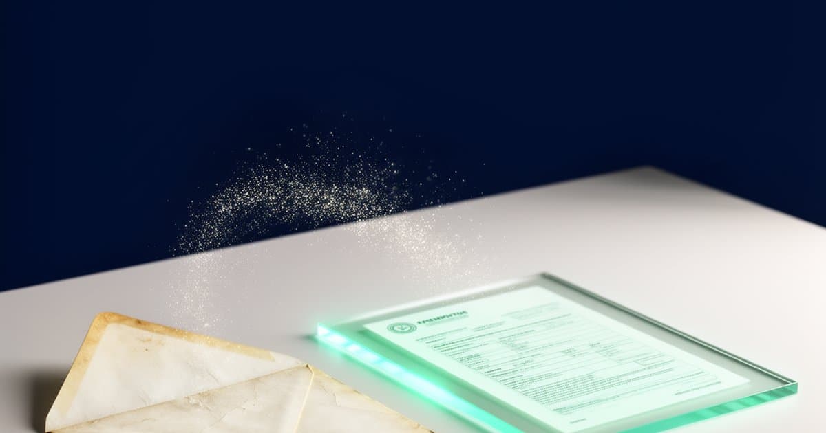 A worn sealed envelope beside a glowing, verified digital record of the same creative work